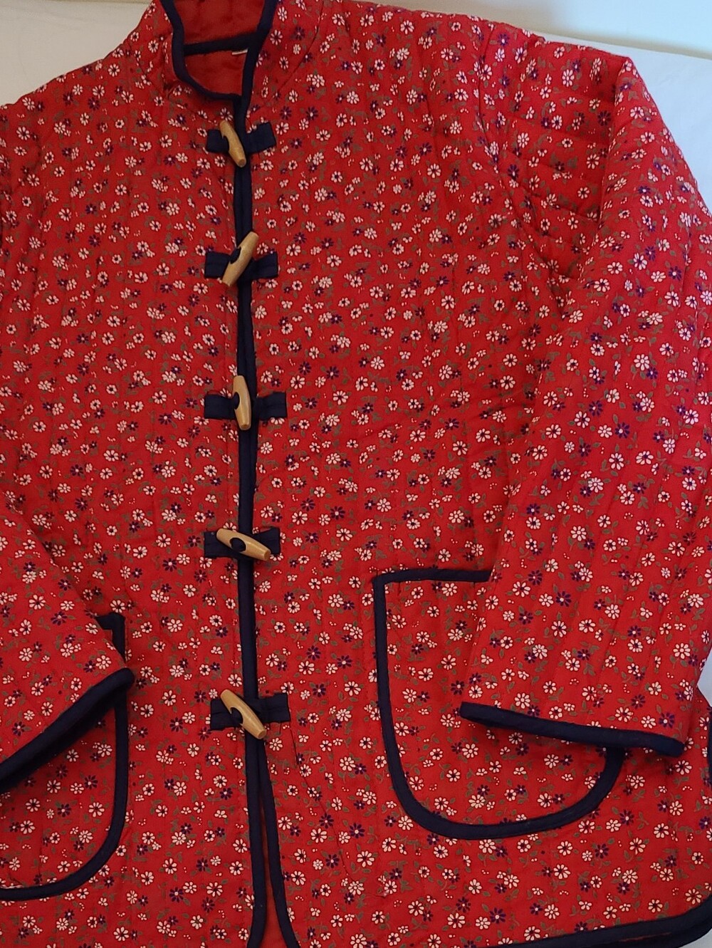 70's Quilted Red Floral Toggle Jacket with Navy Trim